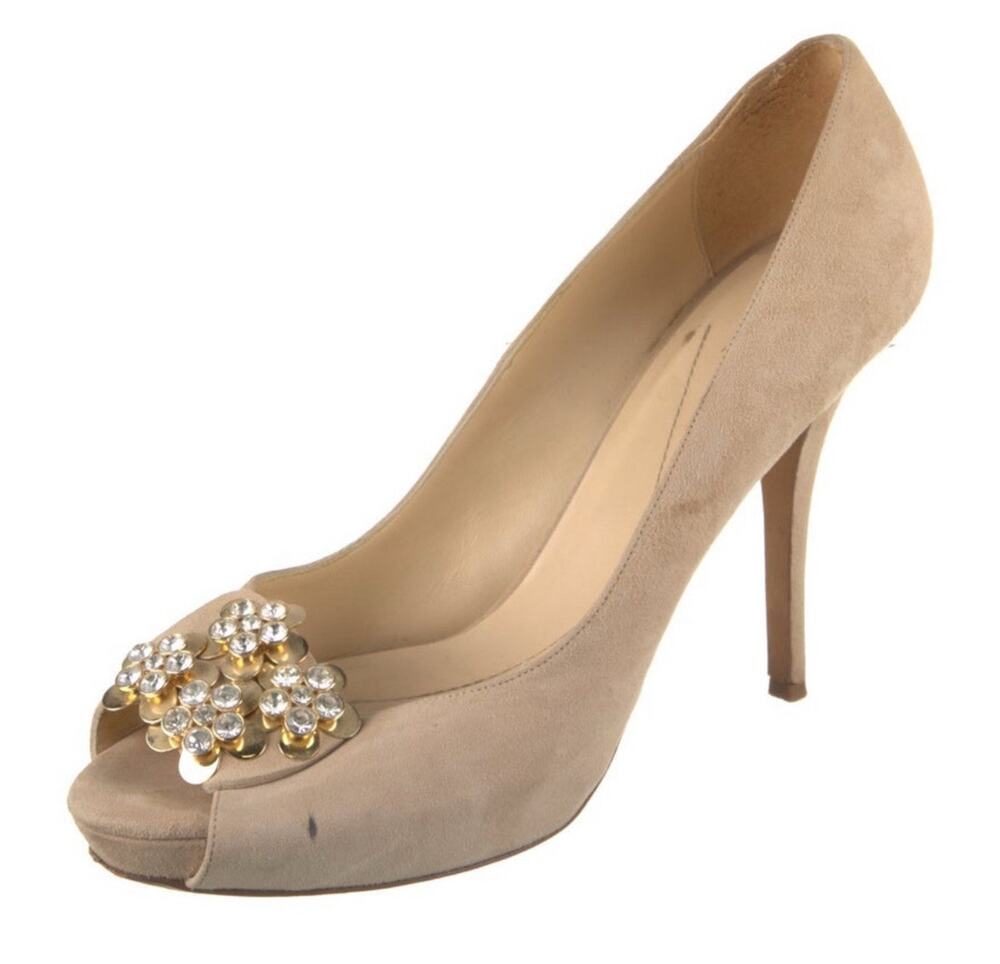 Kate Spade Rhinestone Gold Floral Embellished Begin Suede Stiletto Heel US 10.5